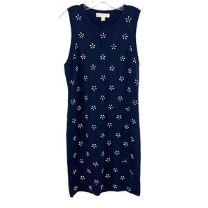 Michael Kors Navy Blue & White Floral Embellished Knit Sheath Dress - Size XL
